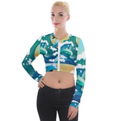Dolphin Seagull Sea Ocean Wave Long Sleeve Cropped Velvet Jacket