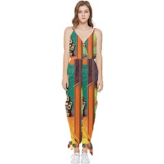 Illustration Robot Cute Sweet Futuristic Sleeveless Tie Ankle Chiffon Jumpsuit