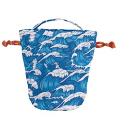 Storm Waves Seamless Pattern Raging Ocean Water Sea Wave Vintage Japanese Storms Print Illustration Drawstring Bucket Bag