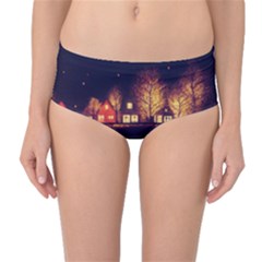 Night Houses River Bokeh Leaves Fall Autumn Mid-waist Bikini Bottoms
