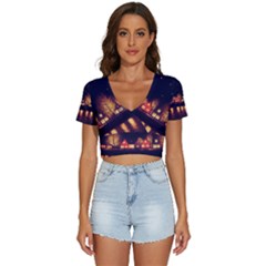 Night Houses River Bokeh Leaves Fall Autumn V-neck Crop Top