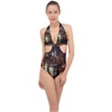 New York City Panorama Urban Hudson River Water Halter Front Plunge Swimsuit View1
