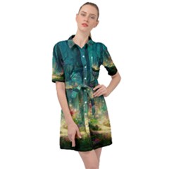 Magical Forest Forest Painting Fantasy Belted Shirt Dress by danenraven