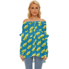Pattern Aliens Off Shoulder Chiffon Pocket Shirt