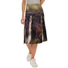 Waterfall Cascade Mountains Cliffs Northern Lights Midi Panel Skirt