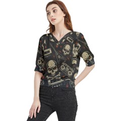 Grunge Seamless Pattern With Skulls Quarter Sleeve Blouse