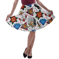 Full Color Flash Tattoo Patterns A-line Skater Skirt