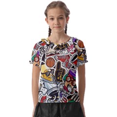 Vintage College Colorful Seamless Pattern Kids  Frill Chiffon Blouse