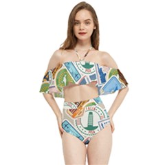 Travel Pattern Immigration Stamps Stickers With Historical Cultural Objects Travelling Visa Immigran Halter Flowy Bikini Set 