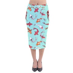 Pattern-with-koi-fishes Velvet Midi Pencil Skirt