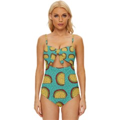 Taco-drawing-background-mexican-fast-food-pattern Knot Front One-piece Swimsuit