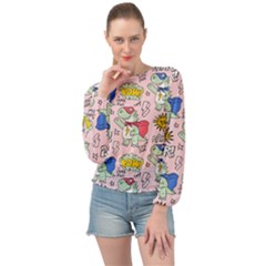 Seamless-pattern-with-many-funny-cute-superhero-dinosaurs-t-rex-mask-cloak-with-comics-style-inscrip Banded Bottom Chiffon Top