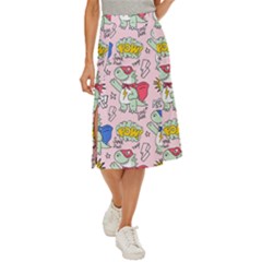 Seamless-pattern-with-many-funny-cute-superhero-dinosaurs-t-rex-mask-cloak-with-comics-style-inscrip Midi Panel Skirt
