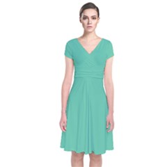 Color Medium Aquamarine Short Sleeve Front Wrap Dress by Kultjers
