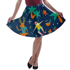 Colorful Funny Christmas Pattern A-line Skater Skirt by Uceng