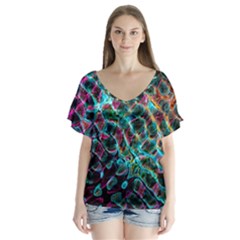 Fractal Abstract Waves Background Wallpaper V-neck Flutter Sleeve Top