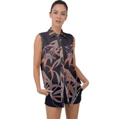 Leaf Leaves Pattern Print Sleeveless Chiffon Button Shirt