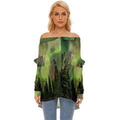 Aurora Borealis In Sky Over Forest Off Shoulder Chiffon Pocket Shirt
