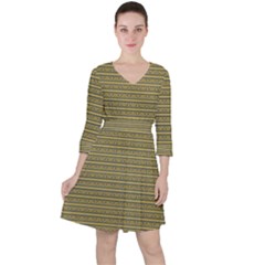 Golden Striped Decorative Pattern Quarter Sleeve Ruffle Waist Dress
