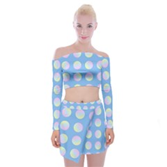 Abstract Stylish Design Pattern Blue Off Shoulder Top With Mini Skirt Set