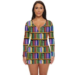 Books On A Shelf Long Sleeve Boyleg Swimsuit