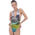 Aerial View Of Mountain And Body Of Water Backless Halter One Piece Swimsuit View1