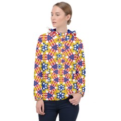 Wavey Shapes Pattern                                                              Women Hooded Front Pocket Windbreaker