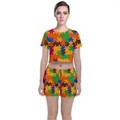 Retro Colors Puzzle Pieces                                                                       Crop Top And Shorts Co-ord Set