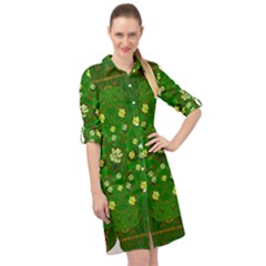 Lotus Bloom In Gold And A Green Peaceful Surrounding Environment Long Sleeve Mini Shirt Dress by pepitasart