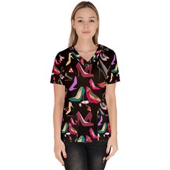 Heels Shoes Pattern Feminine Art Women s V-neck Scrub Top