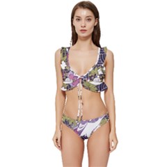 Tropical T- Shirt Tropical Pattern Floriculture T- Shirt Low Cut Ruffle Edge Bikini Set