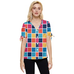 Square Plaid Checkered Pattern Bow Sleeve Button Up Top