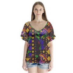 Background Graphic V-neck Flutter Sleeve Top