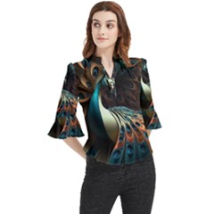 Peacock Bird Feathers Colorful Texture Abstract Loose Horn Sleeve Chiffon Blouse
