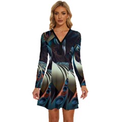 Peacock Bird Feathers Colorful Texture Abstract Long Sleeve Deep V Mini Dress  by Pakemis