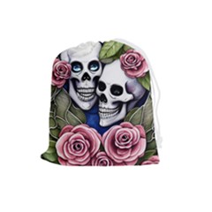 Skulls And Flowers Drawstring Pouch (large) by GardenOfOphir