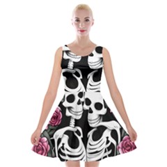 Black And White Rose Sugar Skull Velvet Skater Dress by GardenOfOphir