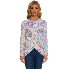 Pusheen Carebears Bears Cat Colorful Cute Pastel Pattern Long Sleeve Crew Neck Pullover Top