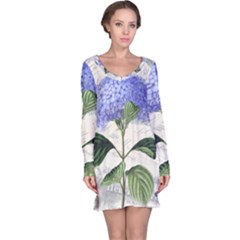 Blue Hydrangea Flower Painting Vintage Shabby Chic Dragonflies Long Sleeve Nightdress
