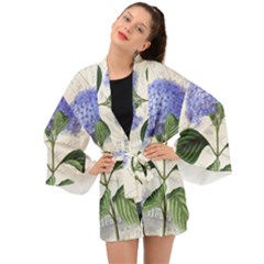 Blue Hydrangea Flower Painting Vintage Shabby Chic Dragonflies Long Sleeve Kimono