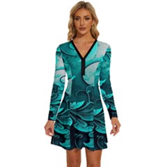Turquoise Flower Background Long Sleeve Deep V Mini Dress  by artworkshop