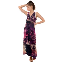 Ship Pirate Adventure Landscape Ocean Sun Heaven V-neck Chiffon Maxi Dress