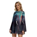 Ai Generated Elephant Tusks Trunk Wildlife Africa Round Neck Long Sleeve Bohemian Style Chiffon Mini Dress View2