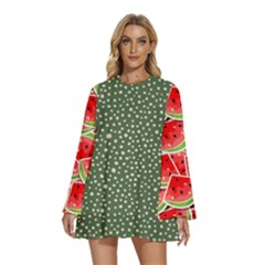 Watermelon Pattern Round Neck Long Sleeve Bohemian Style Chiffon Mini Dress by flowerland