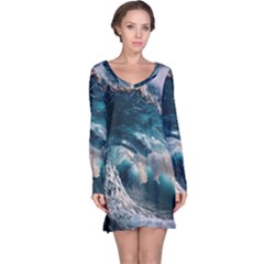 Tsunami Waves Ocean Sea Water Rough Seas 5 Long Sleeve Nightdress