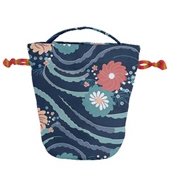 Waves Flowers Pattern Water Floral Minimalist Drawstring Bucket Bag by Ravend