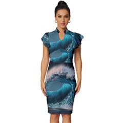 Tsunami Waves Ocean Sea Water Rough Seas Vintage Frill Sleeve V-neck Bodycon Dress