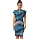 Tsunami Waves Ocean Sea Water Rough Seas Vintage Frill Sleeve V-Neck Bodycon Dress View1