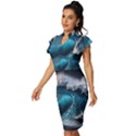 Tsunami Waves Ocean Sea Water Rough Seas Vintage Frill Sleeve V-Neck Bodycon Dress View2
