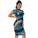 Tsunami Waves Ocean Sea Water Rough Seas Vintage Frill Sleeve V-Neck Bodycon Dress View3